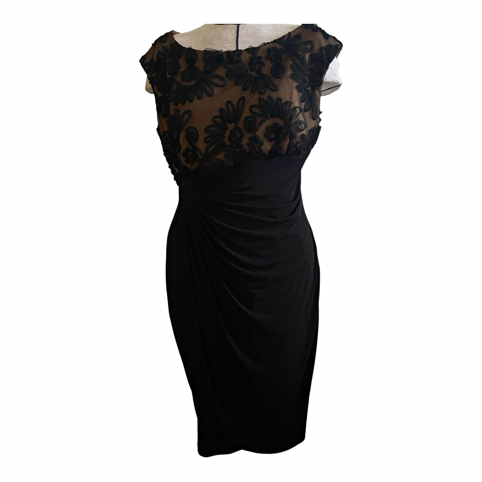 Connected Apparel Womens 14 Black Floral Lace Sheath Knee Dress Scoop Neck Zip