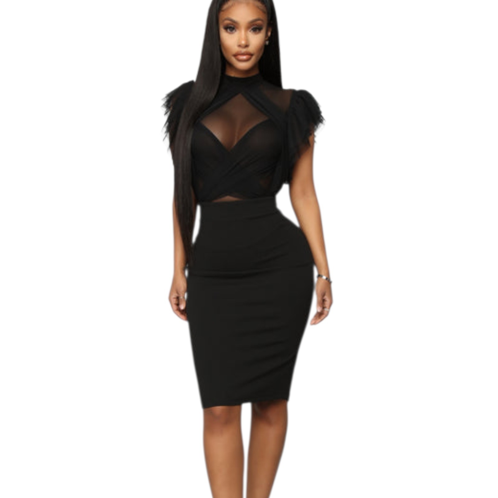 Whimsigoth Invented Class Black Mesh Midi Dress Sheer Ruffle Sz M Grunge Sexy
