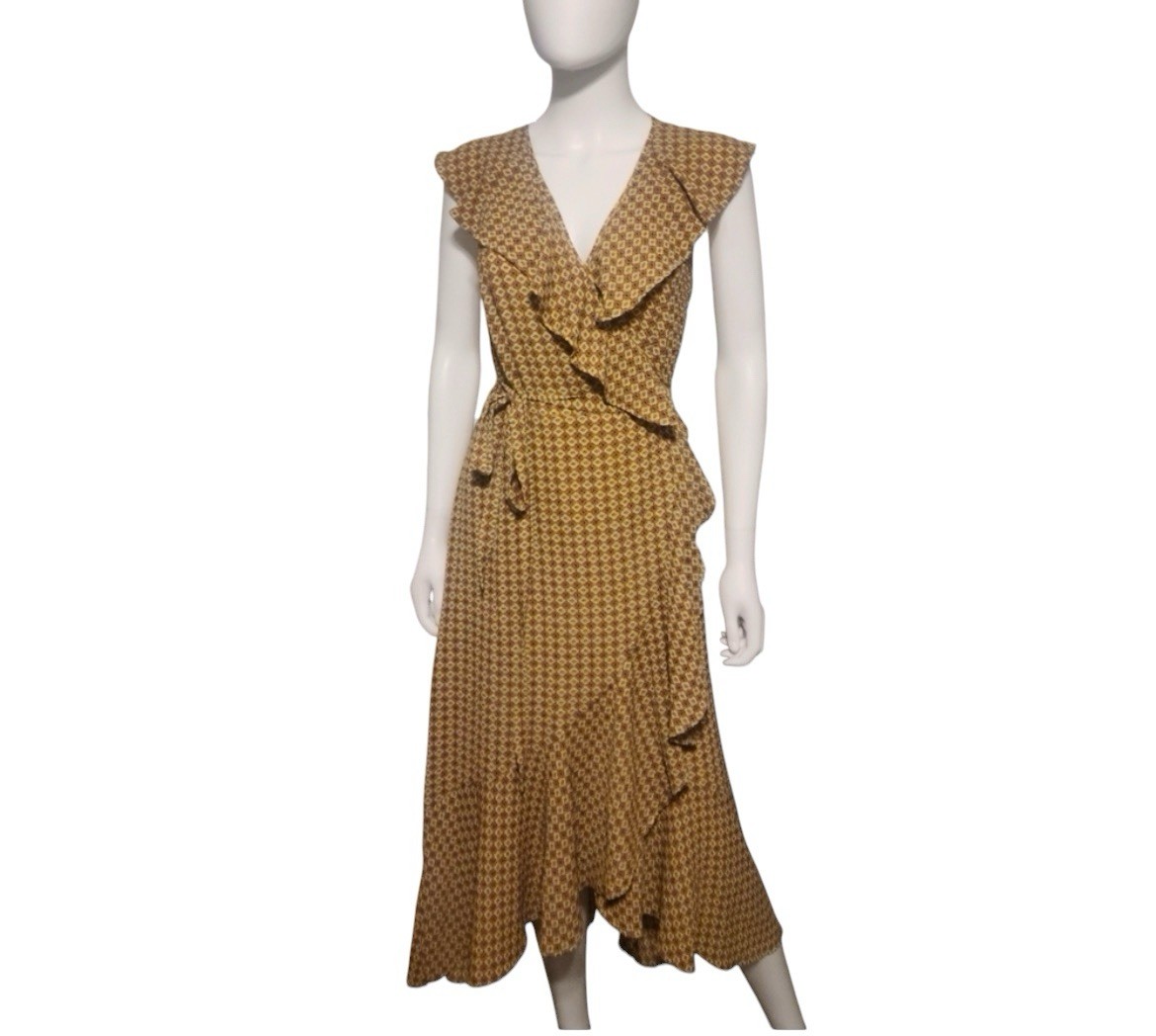 Max Studio Women’s Patterned Ruffle WrapMidi Dress geometric pattern Sz S
