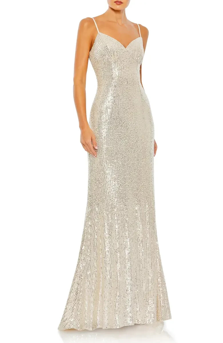 Mac Duggal Nude Silver Sequin Trumpet Evening Gown Size 12 Orig $358