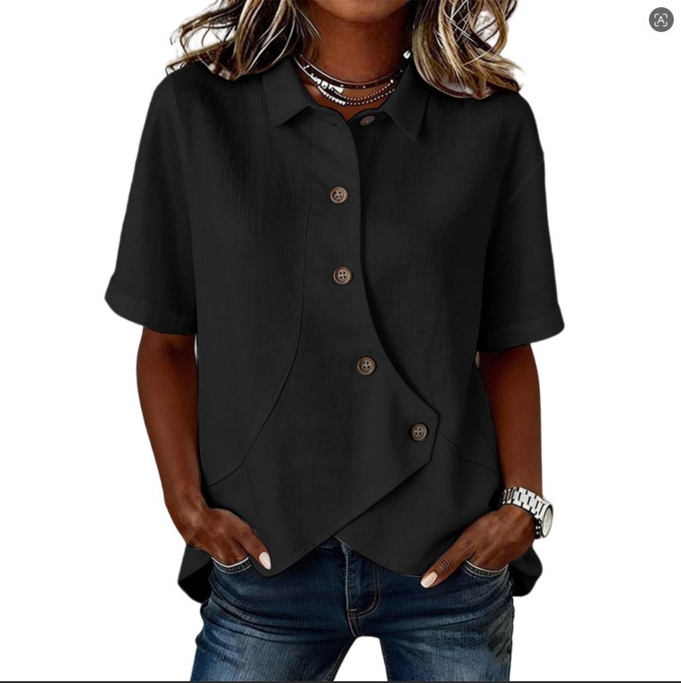 Womens Casual Solid-color Irregular-button Blouse Loose-fit Short Sleeves
