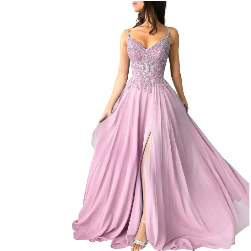 Green Chiffon Evening Dress Elegant Applique Deep V Neck Backless Bridal