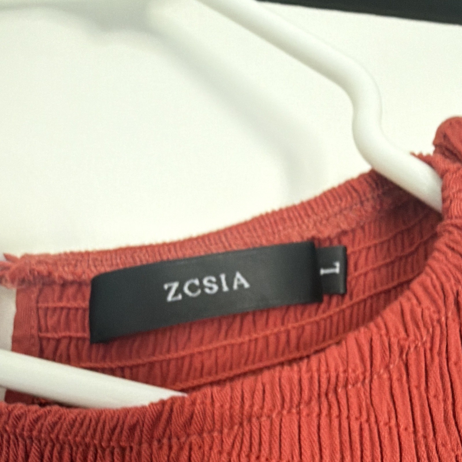 ZCSIA Rust Smocked Ruffle Sleeve Round Neck Midi A-Line Dress Womens L