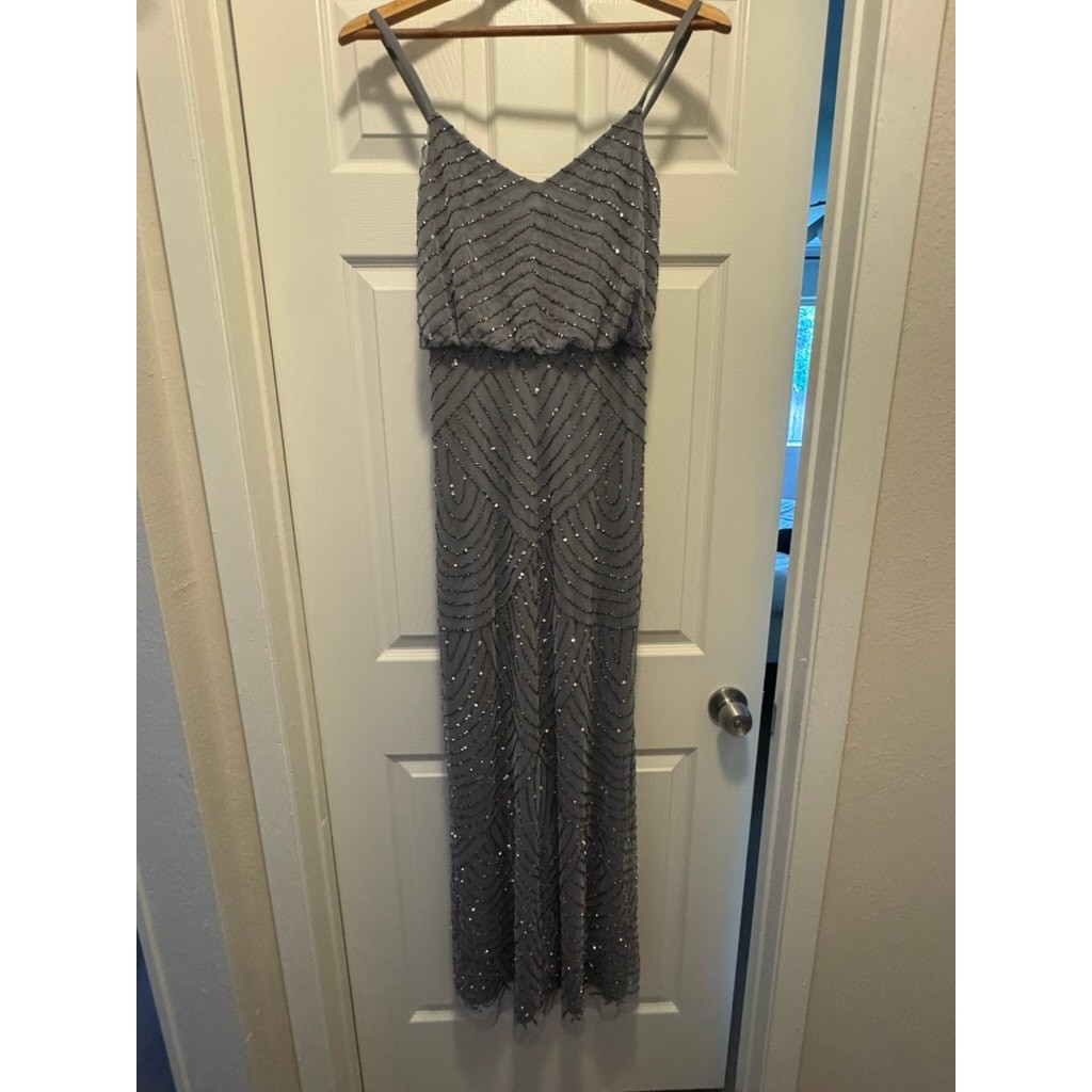 Adrianna Papell Beaded Blouson Gown Women’s 8 Silver Gray Art Deco Formal Prom