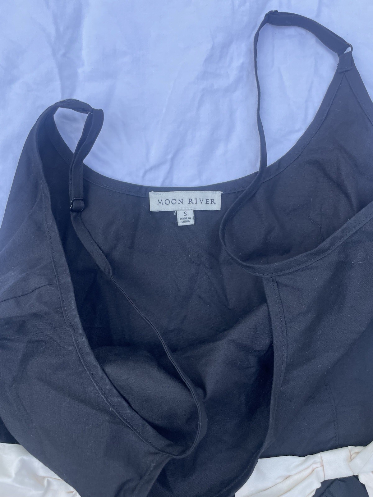 Moon River Black Ivory A-Line Midi Dress Tank Strappy Adjustable Bow Belt S