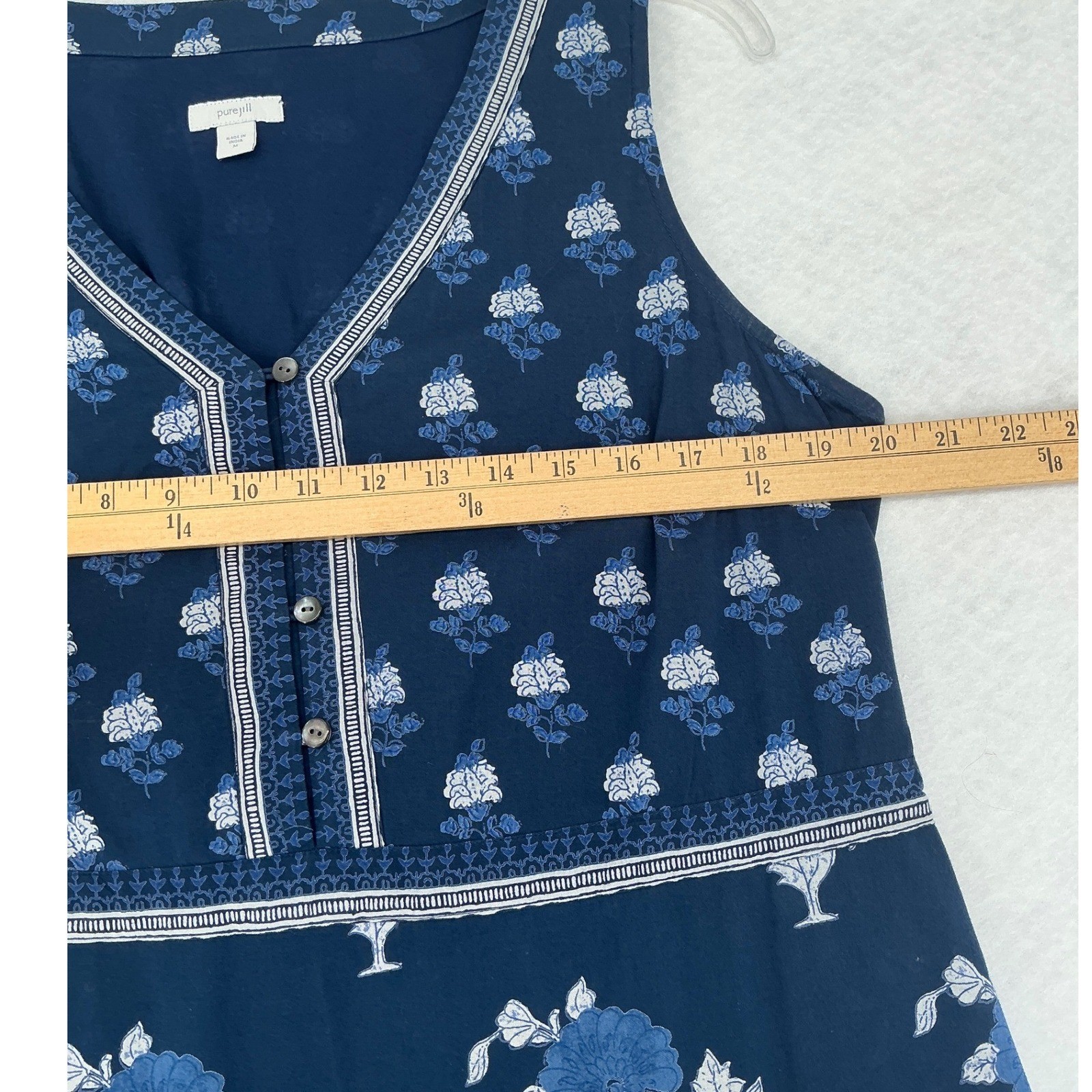 Pure Jill Maxi Dress Womens Medium Blue Floral Cotton Block Print Boho Pockets