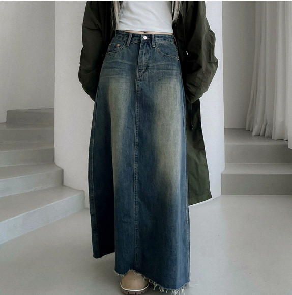 Women’s Blue Denim Skirts Spring Autumn Oversized High Waist A-line Slit S