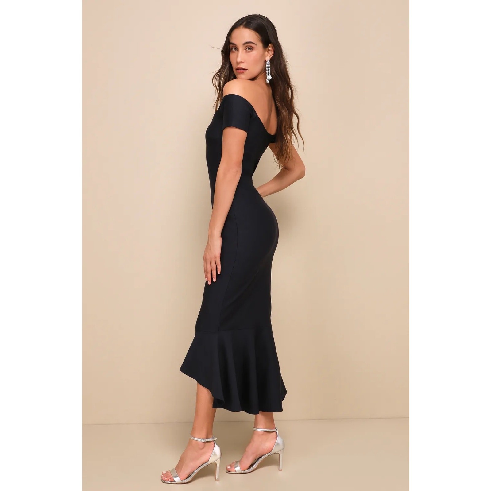Lulus How Much I Care Black Off Shoulder Midi Dress Prom Party Holiday Medium