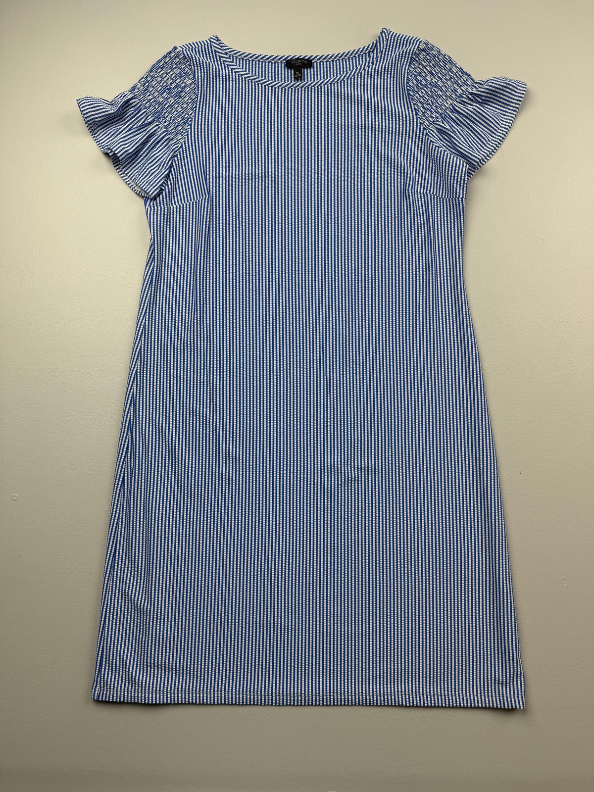 Talbots Dress Womens M Petite Blue Stripe Short Flutter Sleeve Shift Knee Length