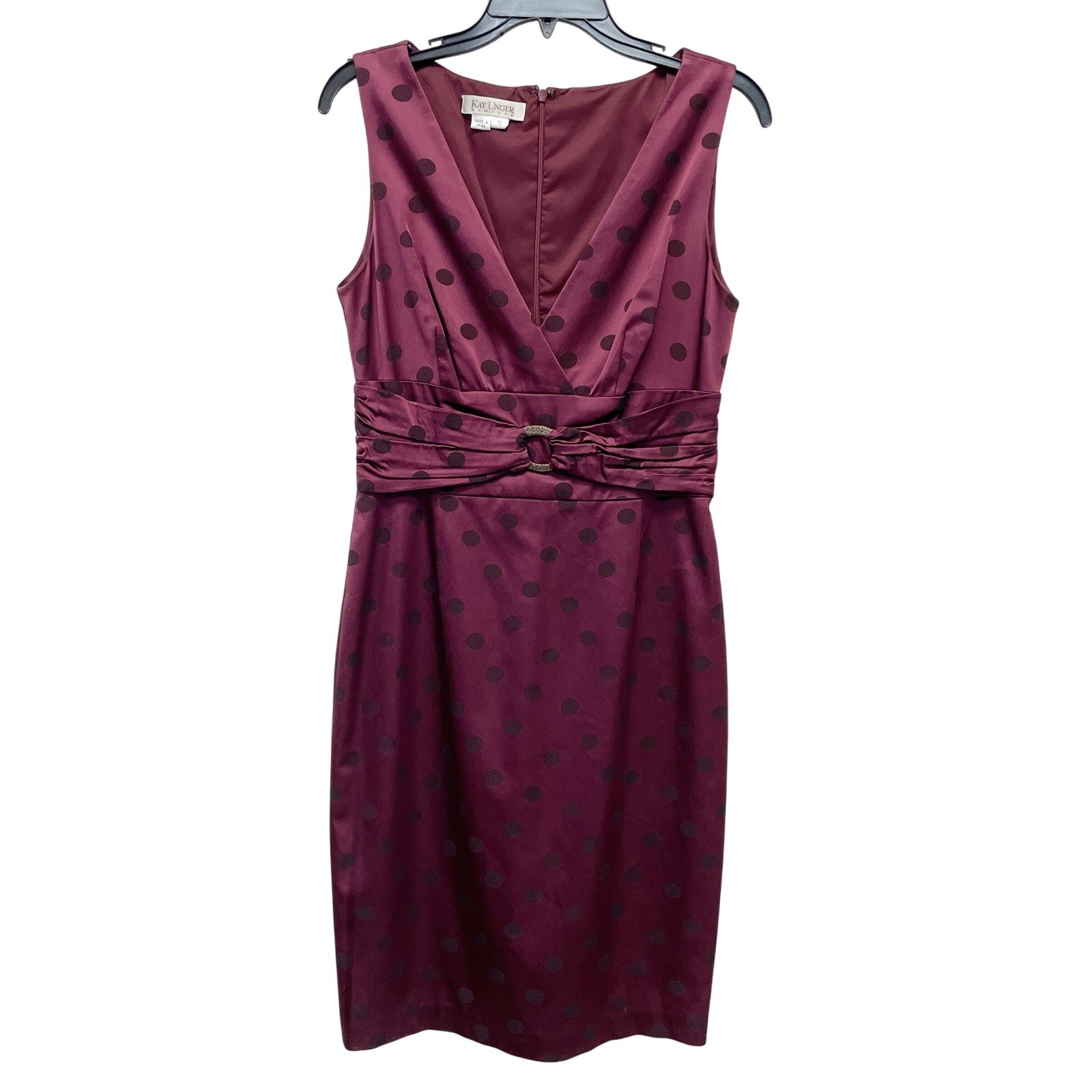 Kay Unger New York Burgundy Polka Dot V Neck Sheath Sleeveless Dress Size 10