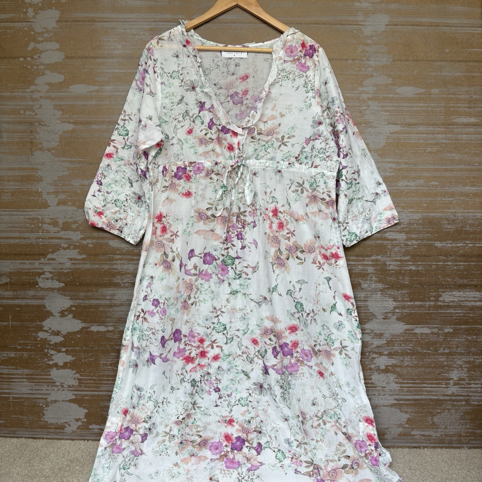 One Season Australia Floral Kaftan Maxi Dress 100% Cotton Preppy Womens L
