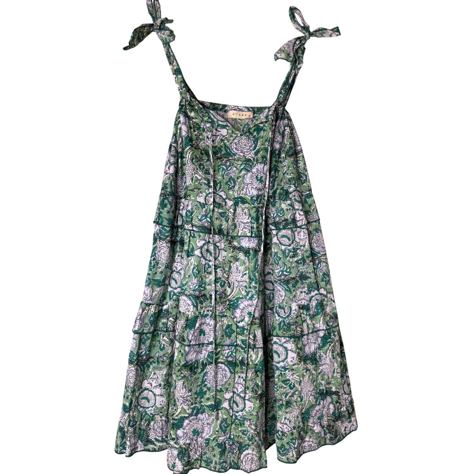 Stark X Green Floral Block Print Tiered Mini Dress Tie Shoulder Boho Summer