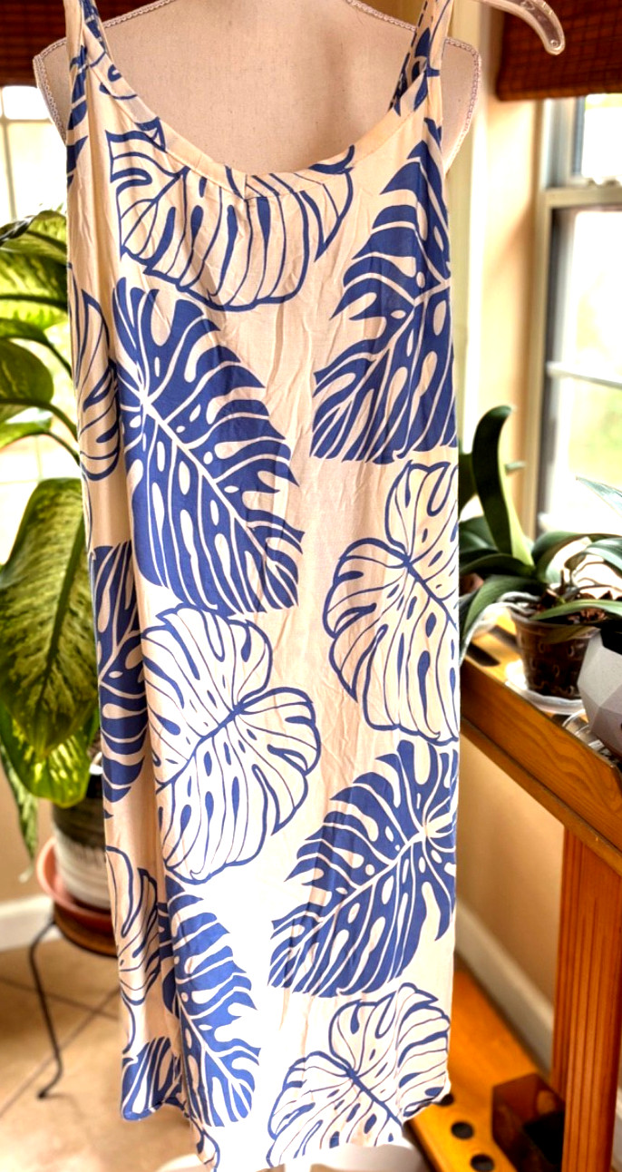 Napua Collection Honolulu Reverse Monstera Blue Rayon Knee Length Sun Dress NWT