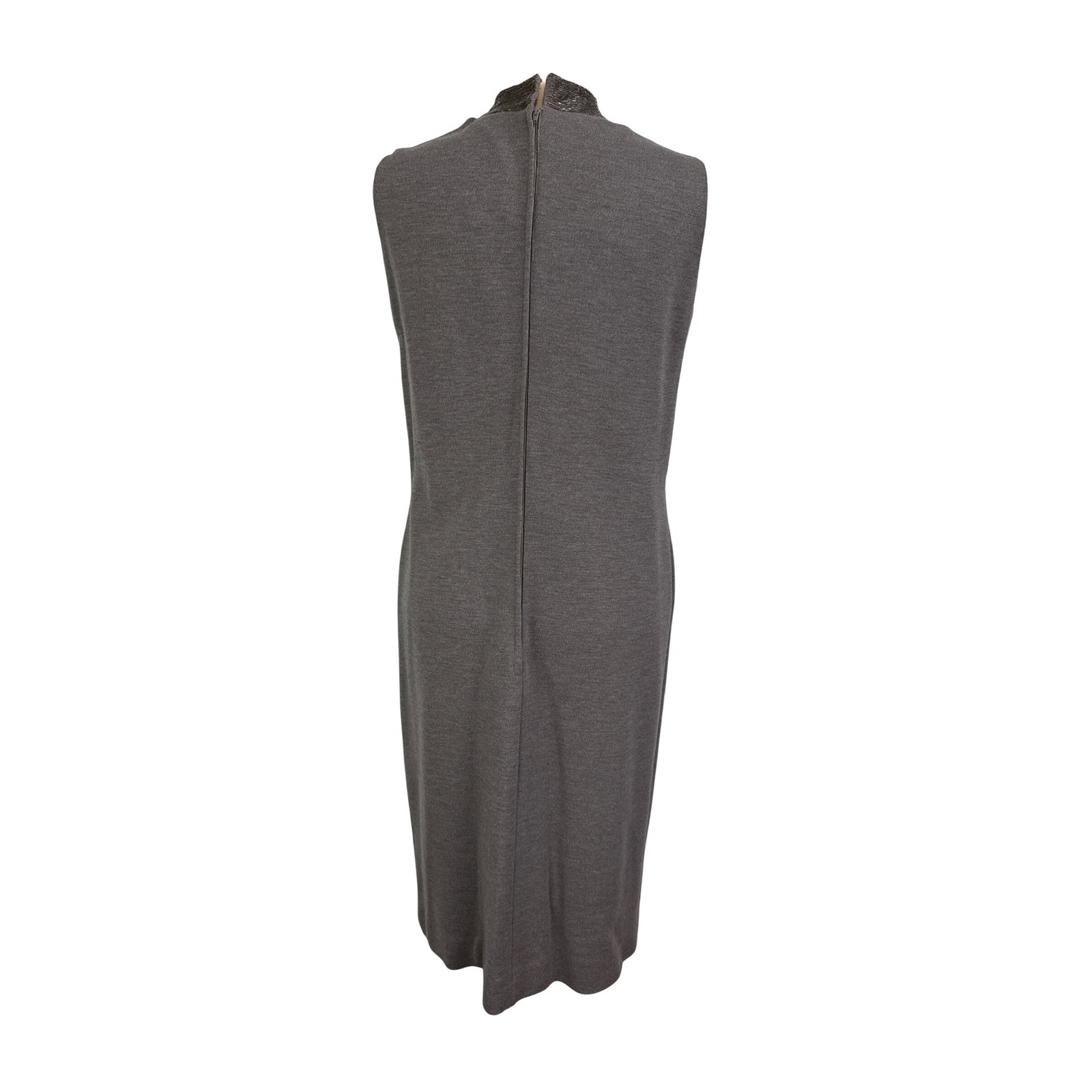 Vintage Grey Sleeveless Knit Sheath Dress Beaded Collar Bow Accent, 38 bust
