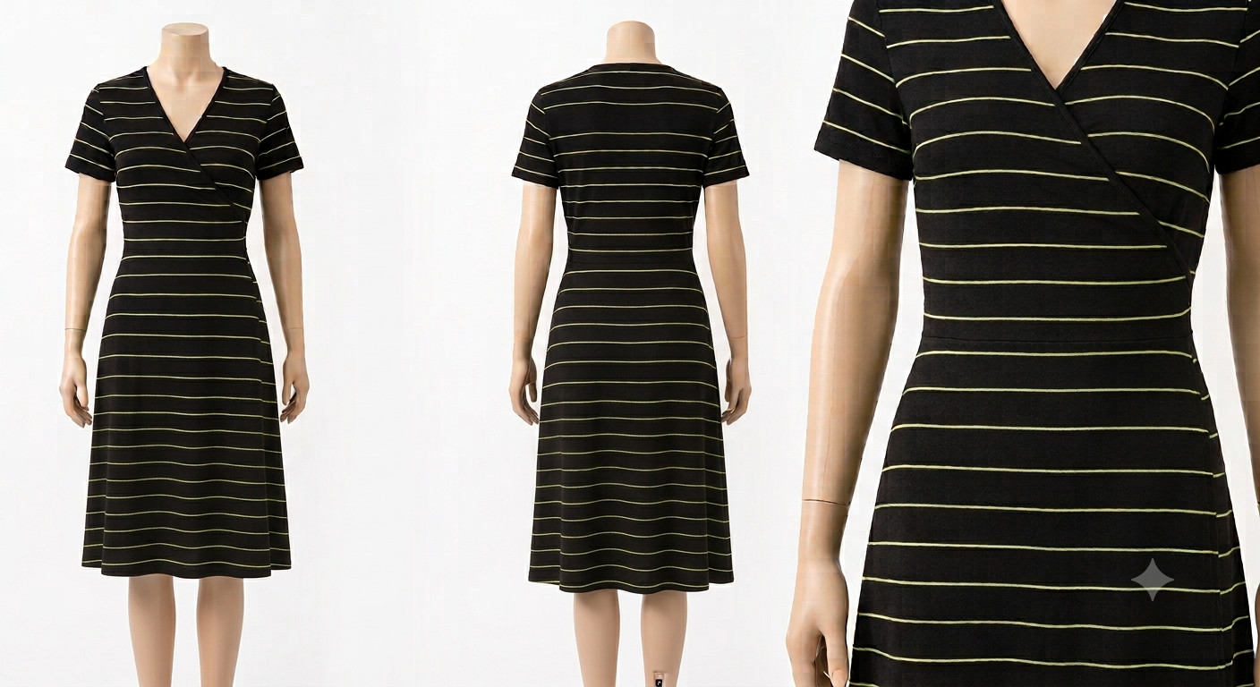 Split Neckline, Jersey Dress Knee Length Striped, Black or Floral