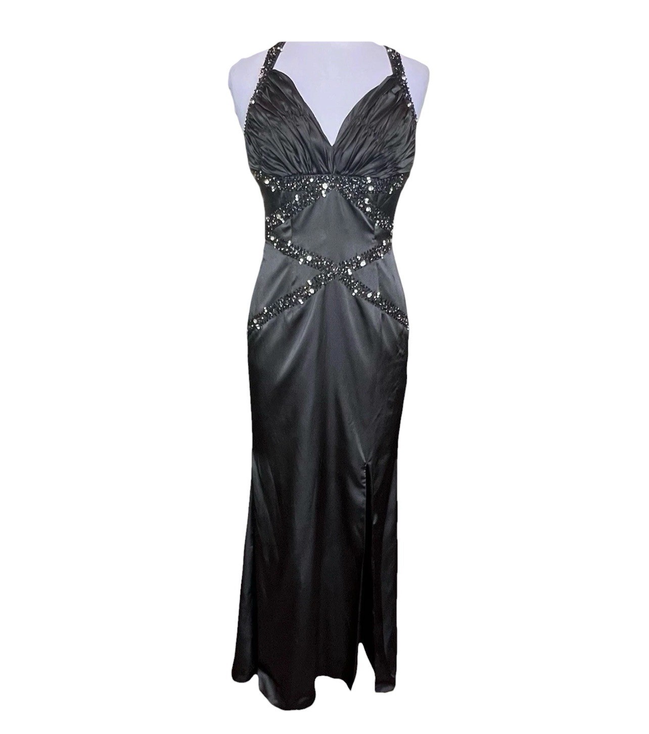 Studio 17 Black Formal Gown Size 10 Prom Fitted Satin Sequins Low Back VTG Y2K