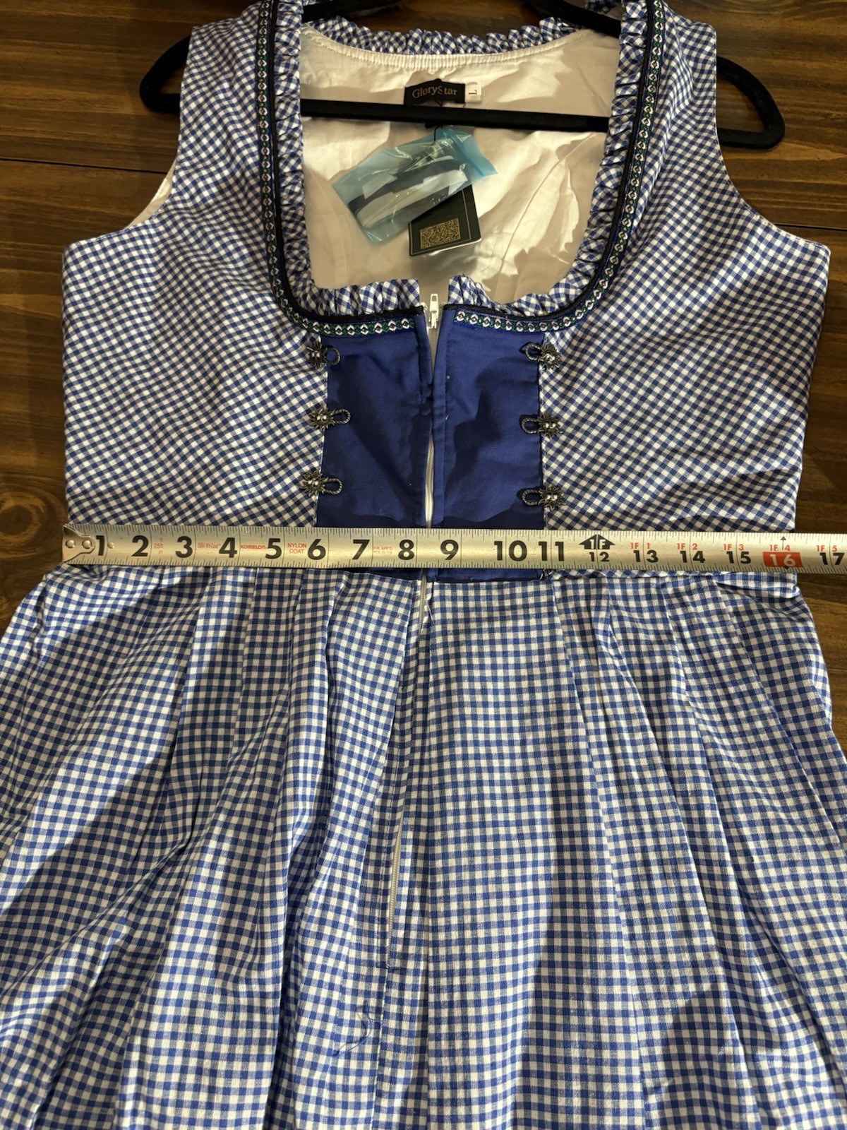 NWT GloryStar Gingham Blue Bavarian Dirndl Oktoberfest Dress Zip Up Lace Large