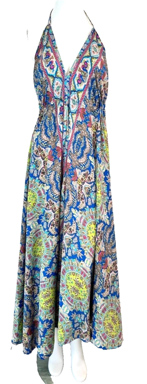 Silk Halter Maxi Dress Size One Size Boho Blue Paisley Floral Backless VNeck EUC