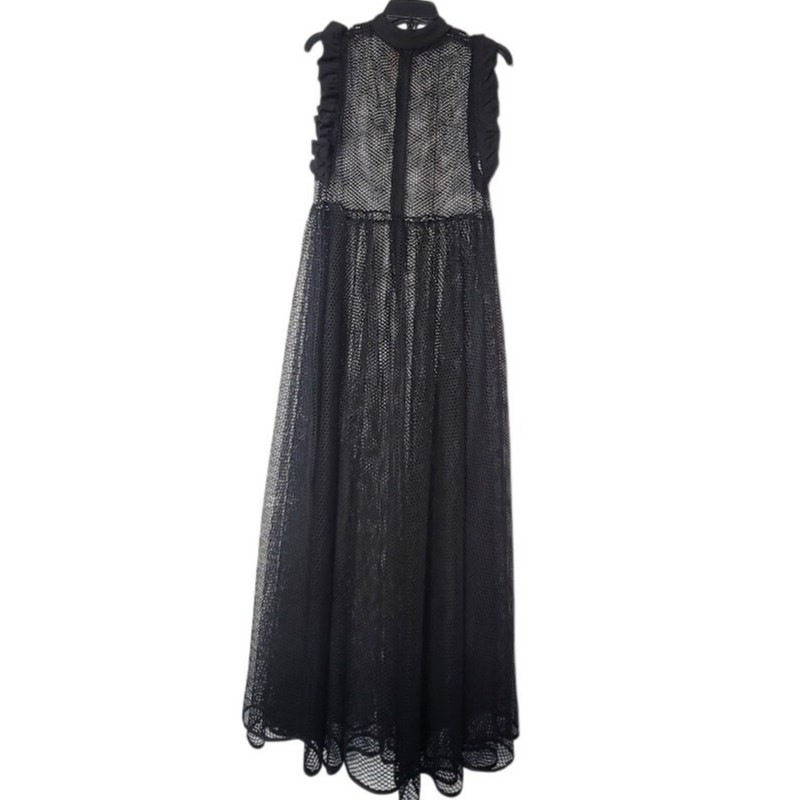 Good Time USA Black See-Thru Mesh Tiered Maxi Dress Womens Large Ruffle Sleeve