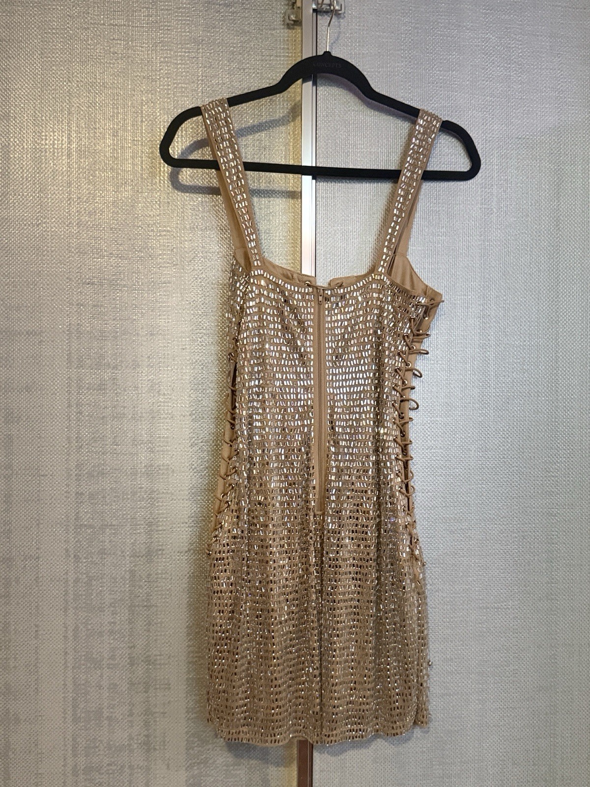 Banjul Beige Mesh Sequin Beaded Square Neck Lace Up Mini Dress, Size S
