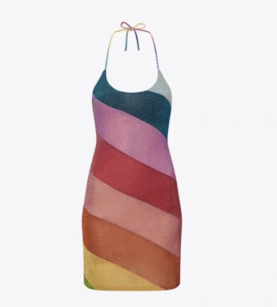 Kurt Geiger London Rainbow Striped Metallic Halter Dress Size L