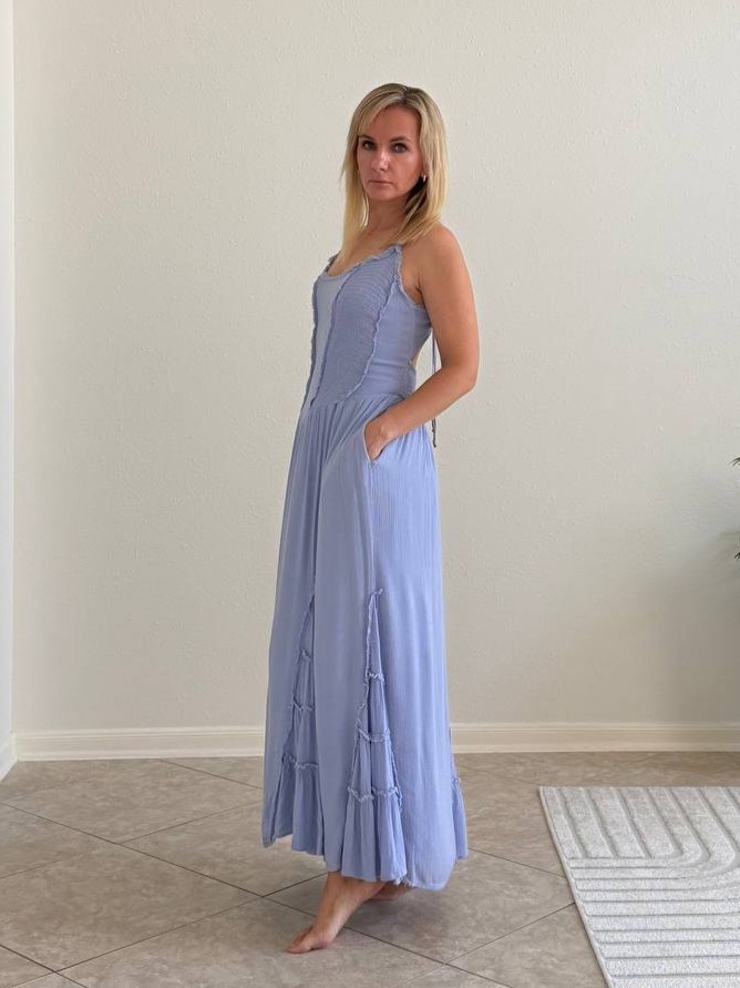 Free People Blue Open Back Smocked Maxi Dress Size M Boho Raw Edge Pockets