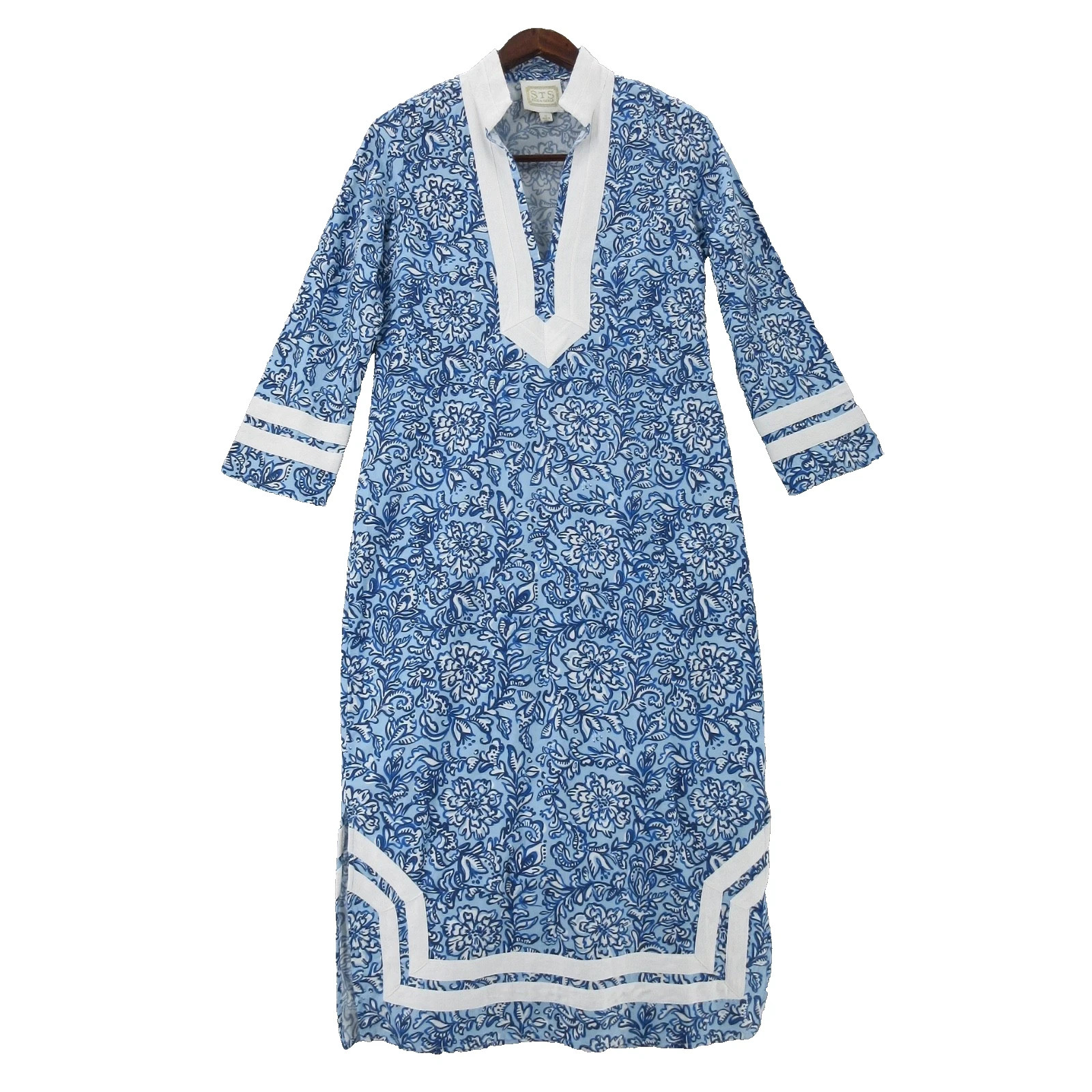 SAIL TO SABLE Caftan Dress Blue Size XL 100% Cotton Block Print Floral Classic