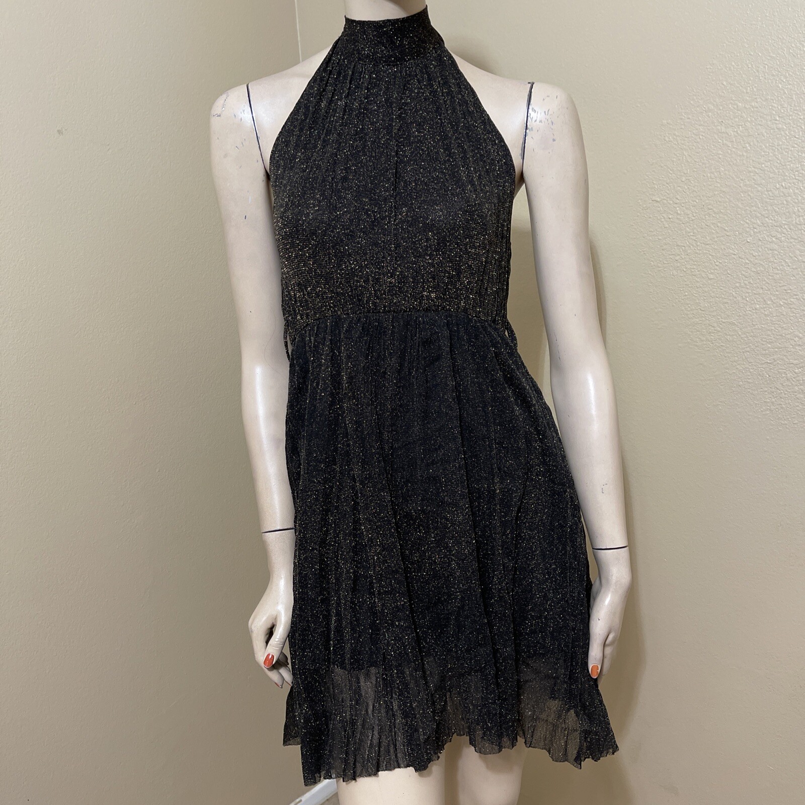 Women’s Black Polyester Cocktail Layered Pleated Open On Tie Midi Size S Dress