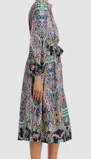 T Tahari Women’s Green Garden Mandarin Collar Long Sleeve Self Tie Dress Size L