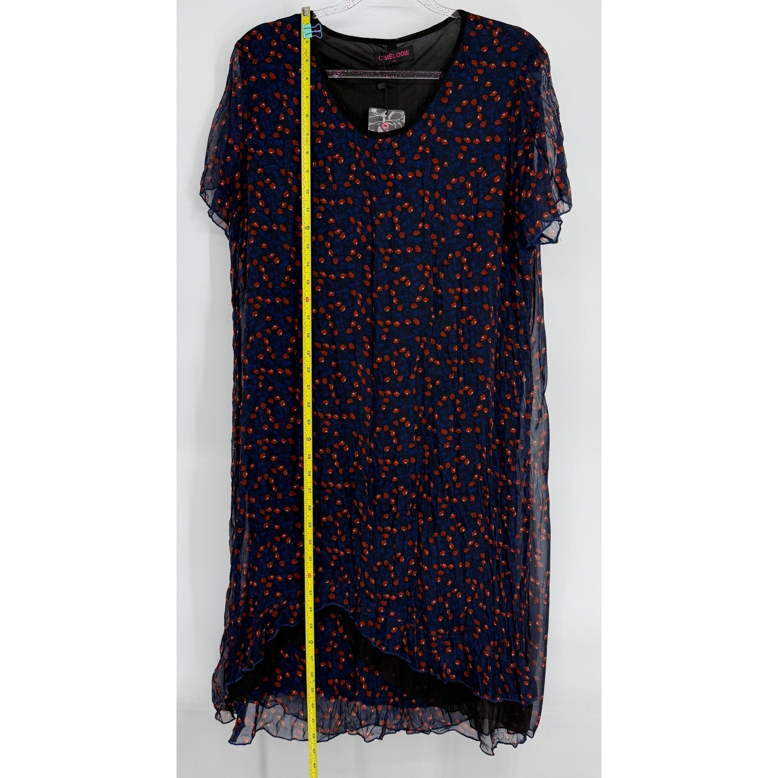 C’Melodie Paris Womens Navy Blue Red Floral Silk Blend Chiffon Dress Sz XL NEW
