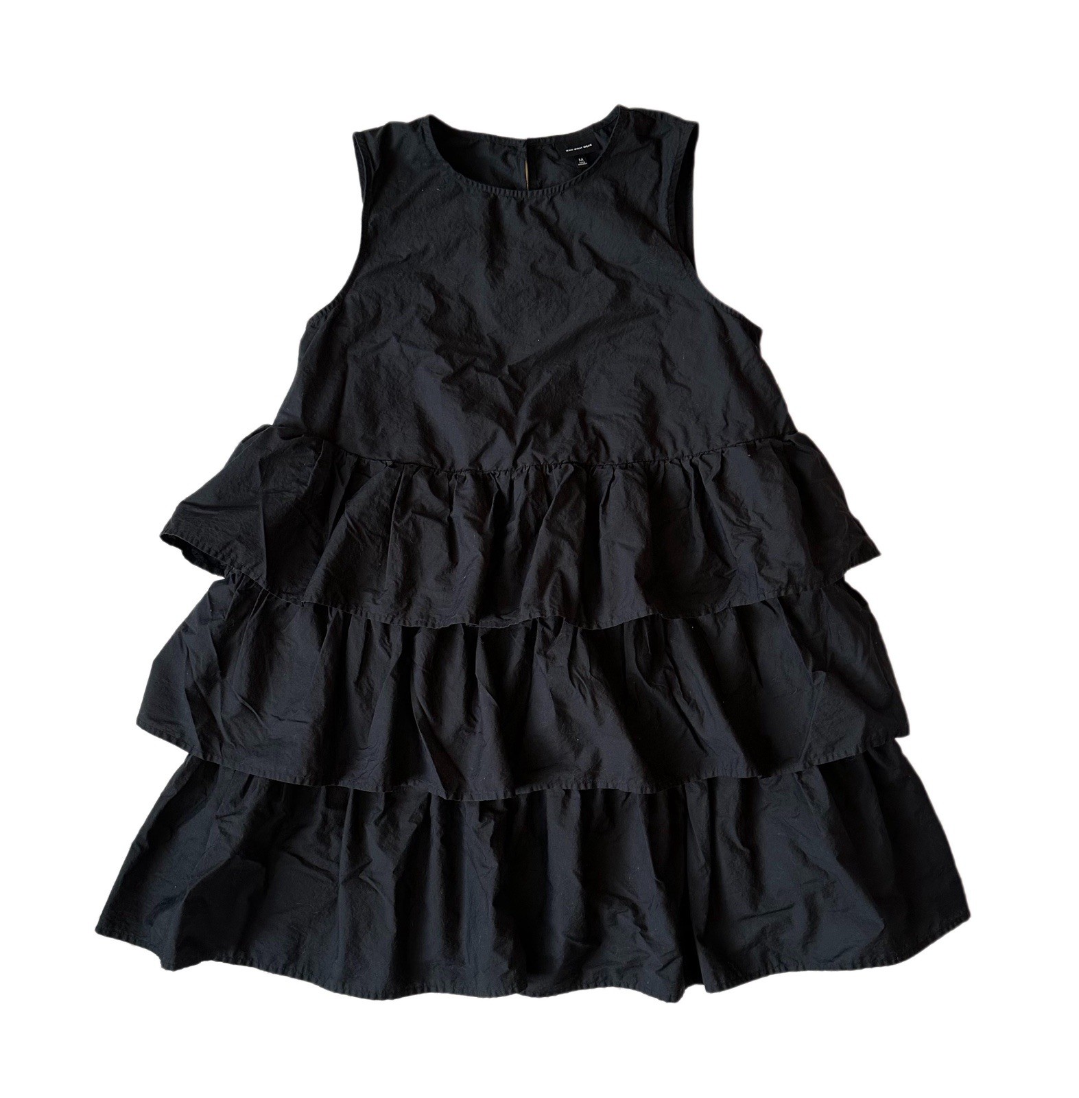 WHO WHAT WEAR Tiered Ruffle Dress Black Sleeveless Cotton Womens Medium EUC