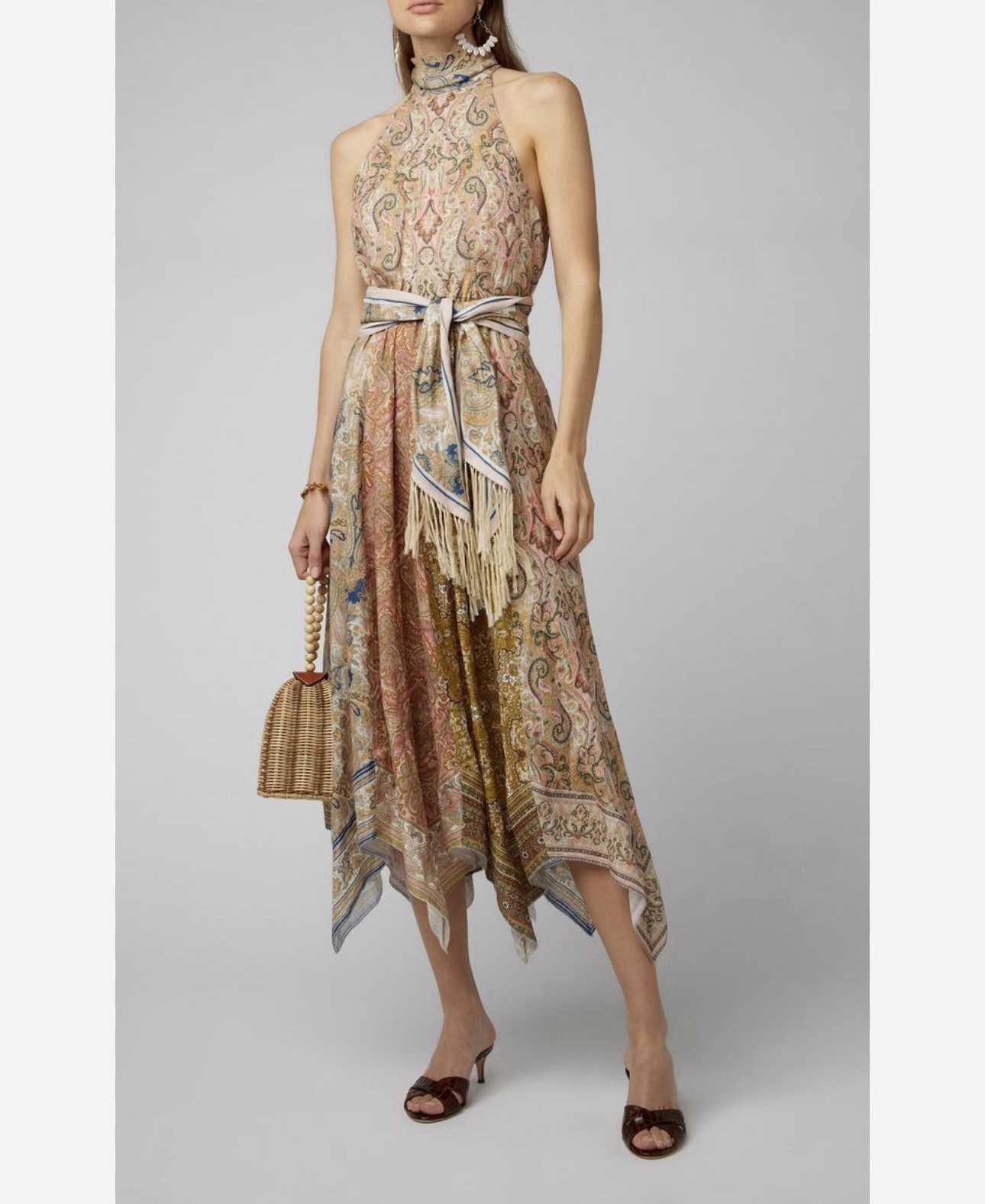 Zimmermann Paisley Halter Handkerchief Hem Dress In Beige Pink Blue Size 0