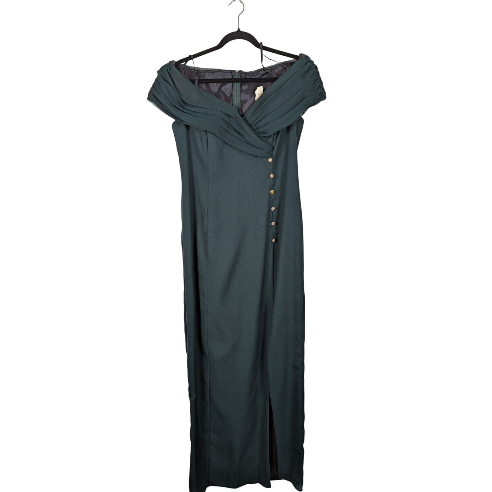 Vtg Formal Dress 1990s Retro Small Dark Green Off the Shoulder Prom Wedding