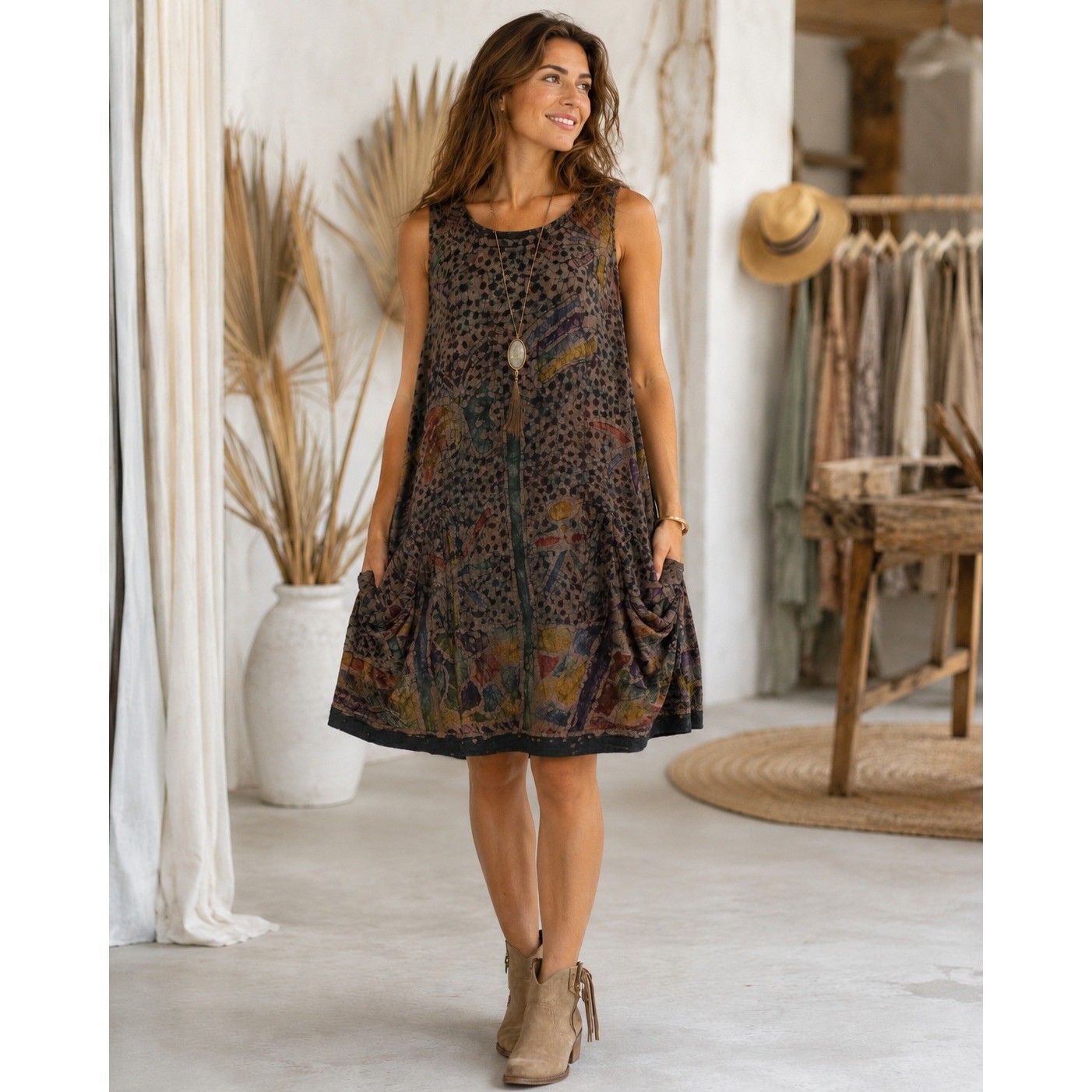 Batik Art To Wear Sleeveless Shift Dress Pockets Brown Multicolor S Boho