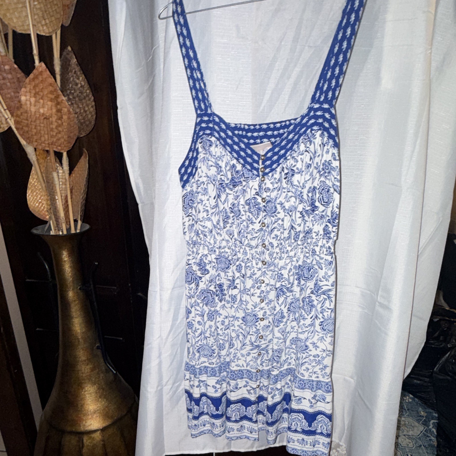 Knox Rose Women’s XL Short Sleeveless Square Neck Sundress Floral Blue White