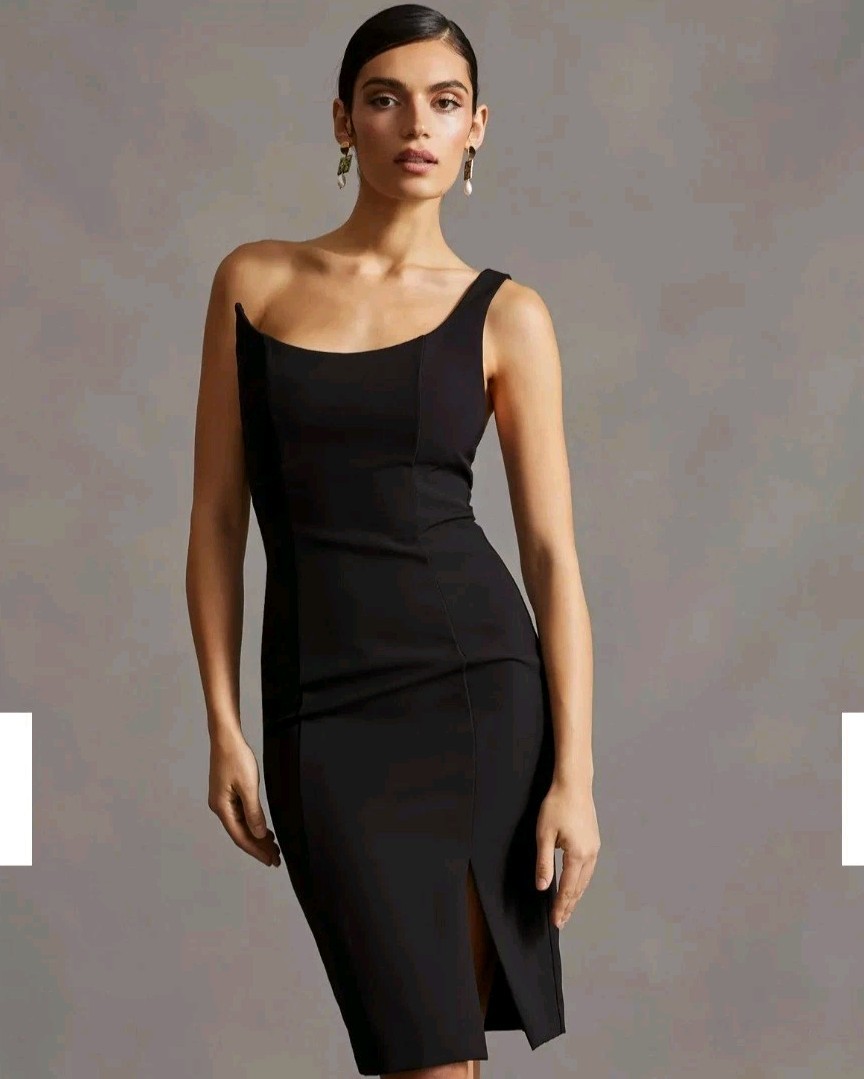 NWOT Black Halo One Shoulder Side Slit Dress Polyamide Blend Size 6 Cocktail