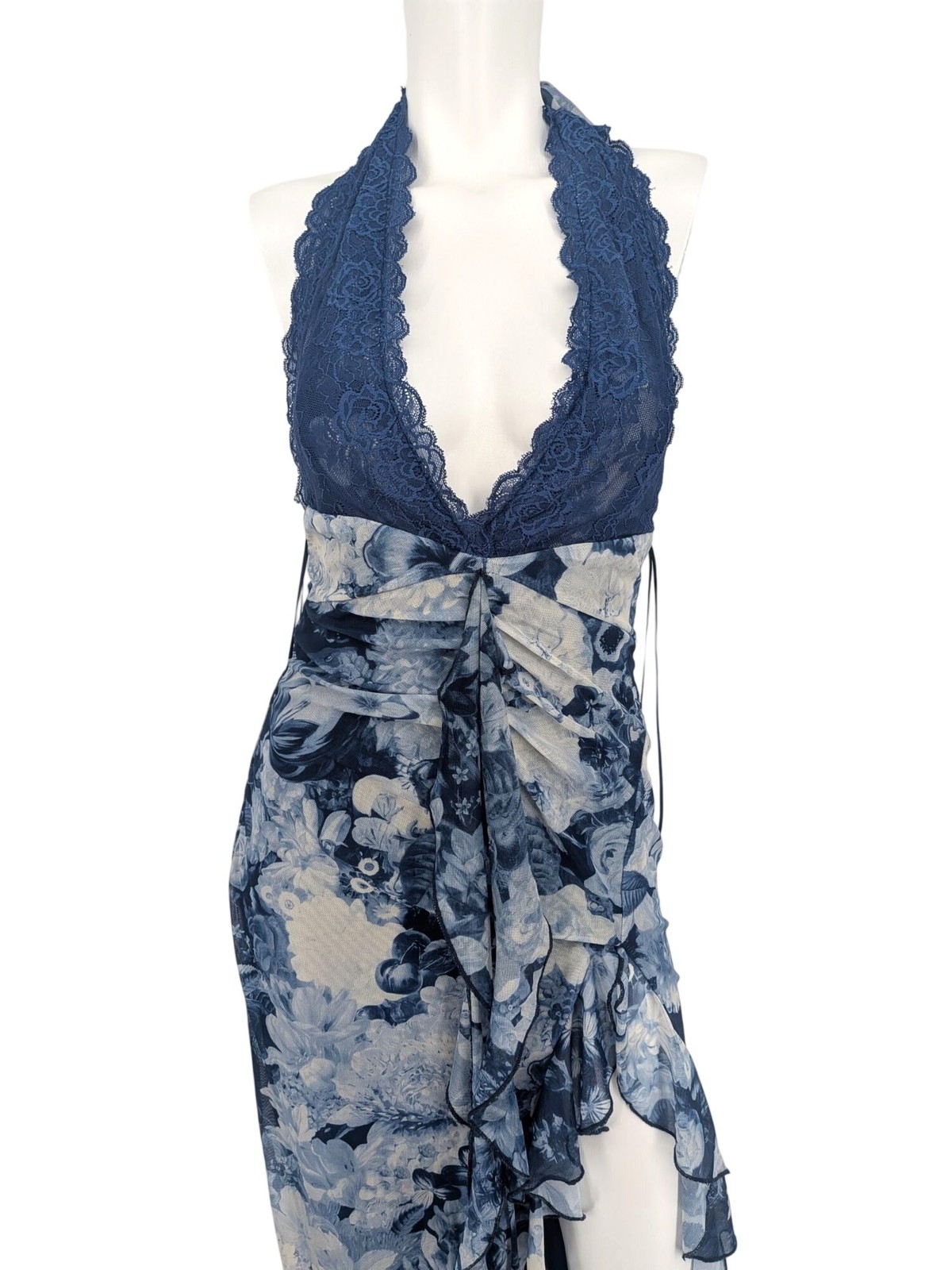 Floral Mesh Halter Midi Dress Open Back Ruched Side Slit Ruffle Cocktail Medium