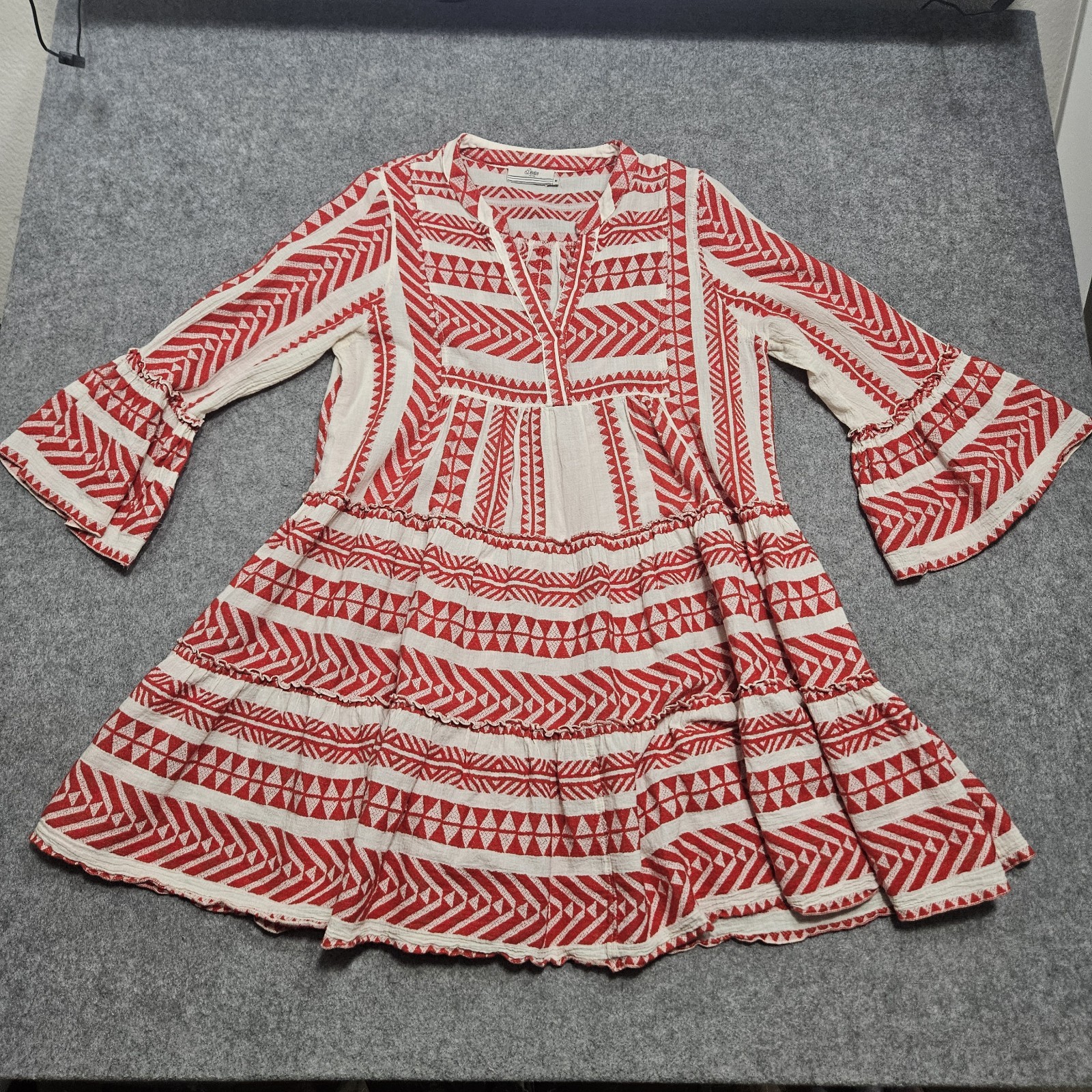 Anthropologie Devotion Twins Dress Medium Red White Geo Ella Boho Peasant Mini