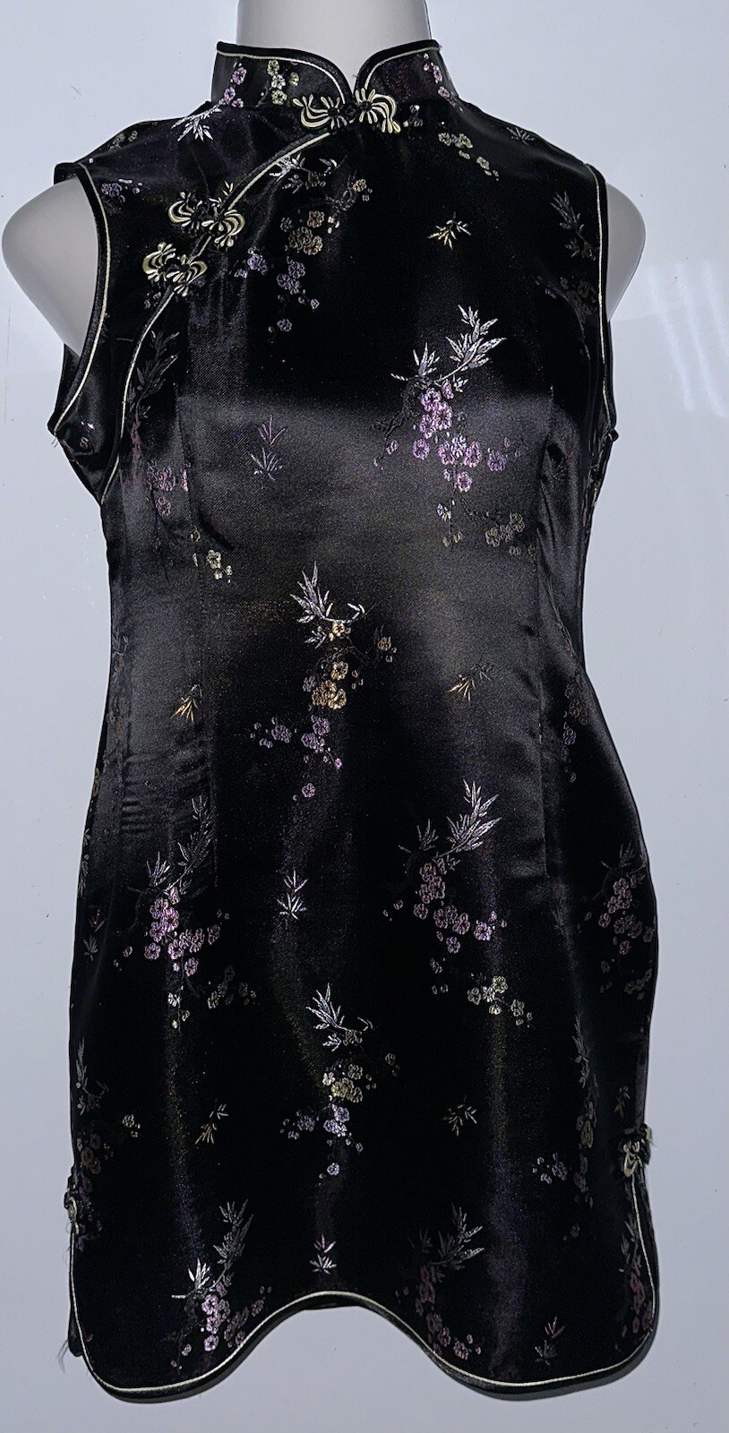 Black Floral BINH THUAN Vietnamese Ao Día Traditional Asian Sleeveless Dress XL