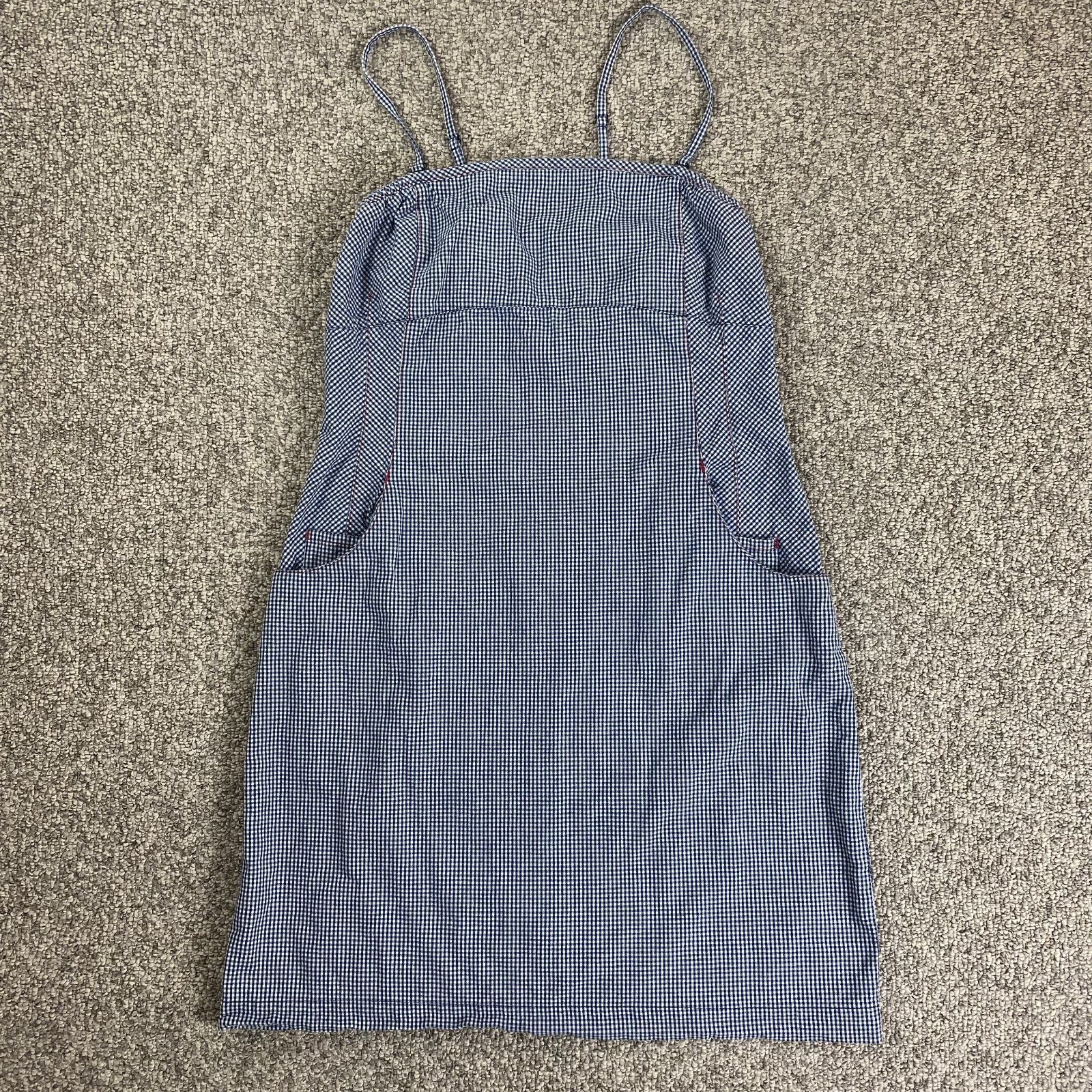 Garnet Hill Dress 12 Blue White Check Thin Strap Empire Waist Pockets Side Zip