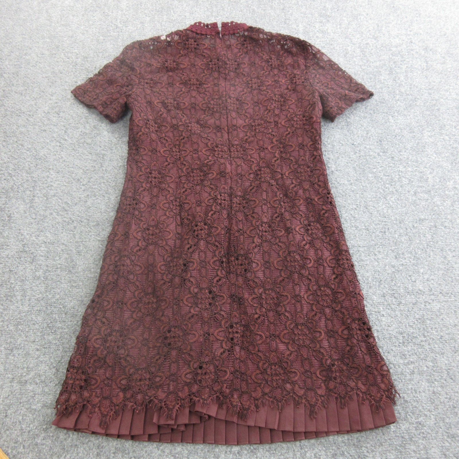 Sandro Dress Womens 36 Red Lace Shift Short Mock Neck Pleated Hem Party