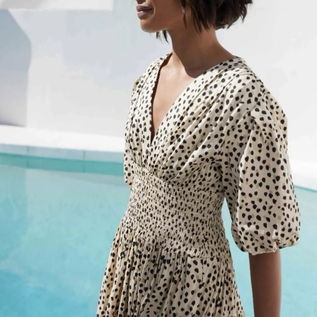 AYR The Extra Extra Smocked Puff Sleeve Midi Dress Soft Spot Beige Size S NWOT