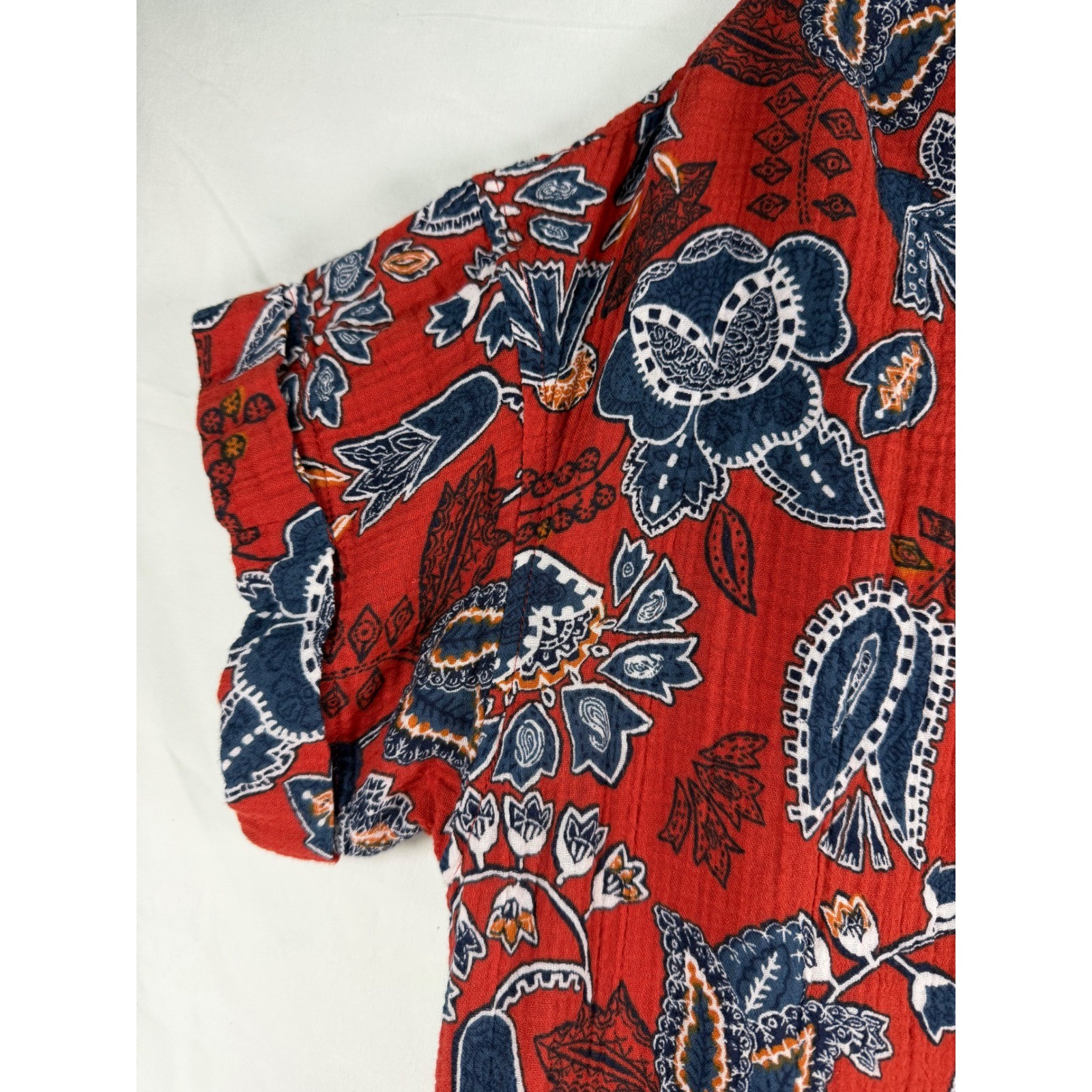 Wonderly Womens Rust Floral Paisley Gauze Button Front Midi Dress Pockets Large