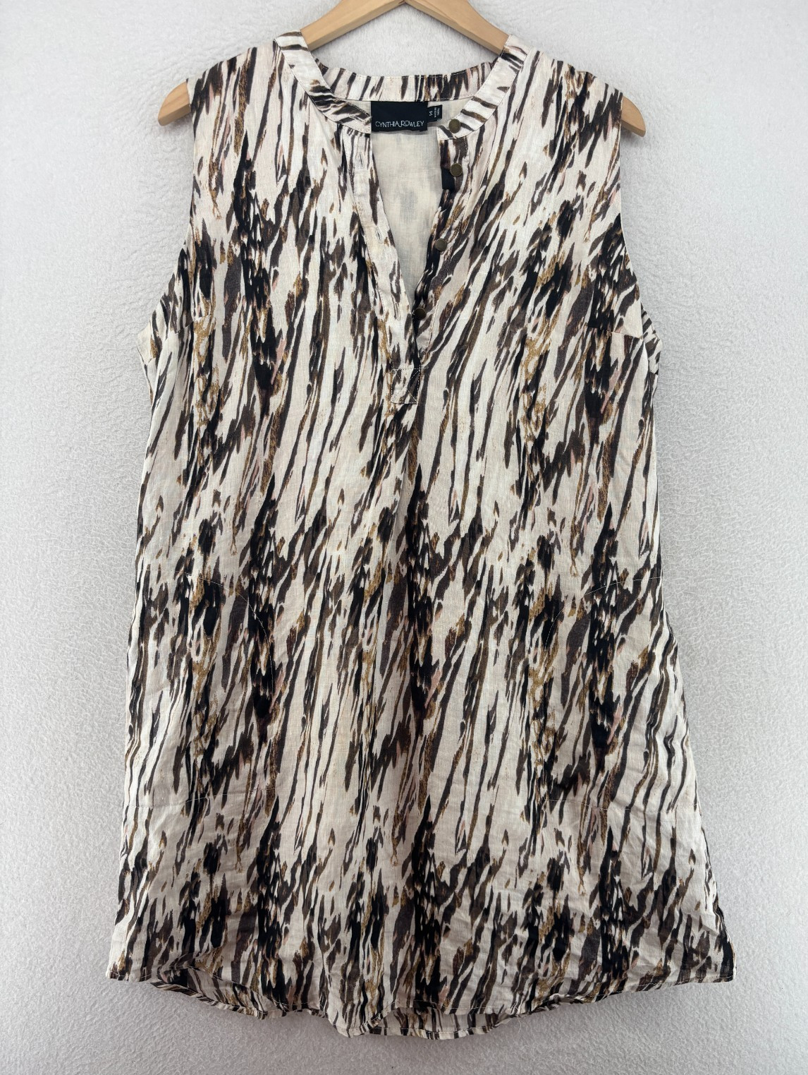 CYNTHIA ROWLEY Dress 14 Linen Abstract Shift Popover Sleeveless Tie Belted Brown
