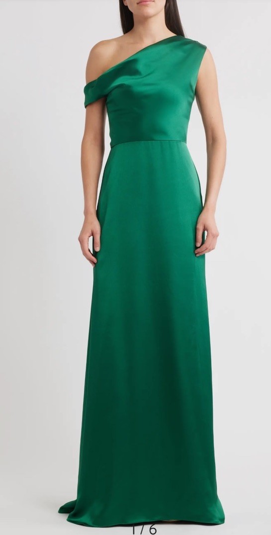 Amsale Bias Cut, Satin, Off The Shoulder Gown, Sz 6, New, Emerald