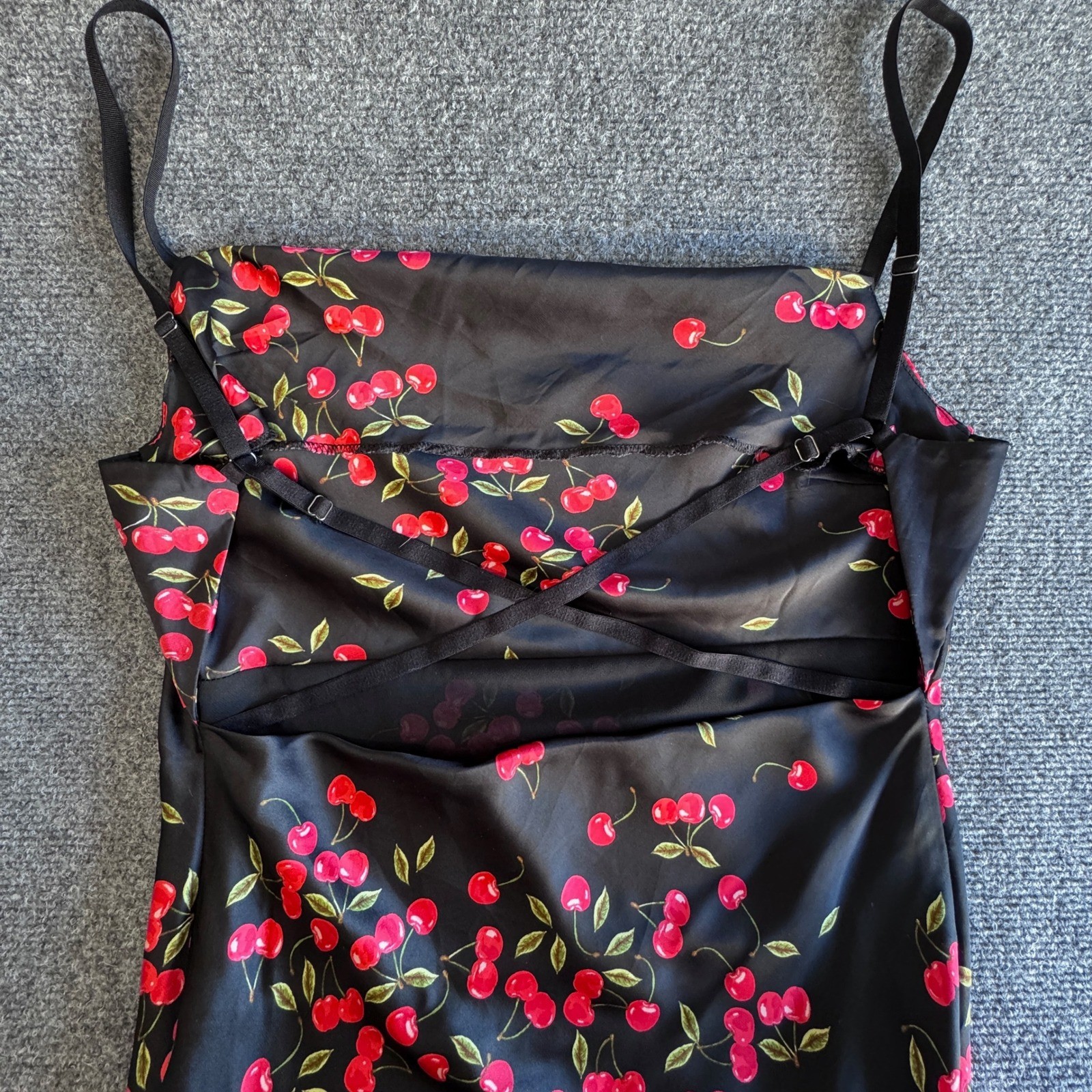 VICI Black Cherry Print Cowl Neck Maxi Dress Medium Open Back Side Slit Summer