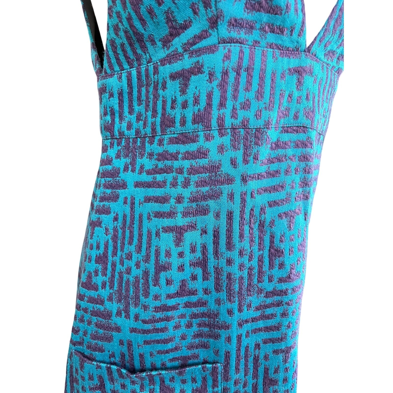 Anna Sui Teal Purple Jacquard Mini Dress Sleeveless Plunge Neck Size 0 USA