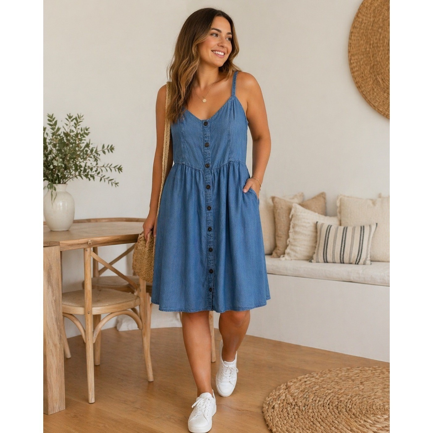 Old Navy Blue Chambray Cami Mini Dress Button Front Lyocell Size L