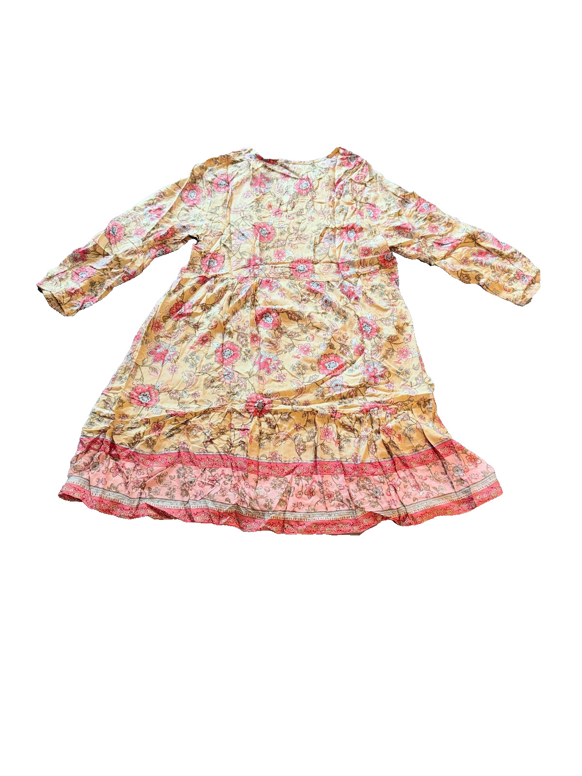 Women’s Lightweight Floral Boho Summer Dress Long Sleeve Tassel Tie Flowy – M