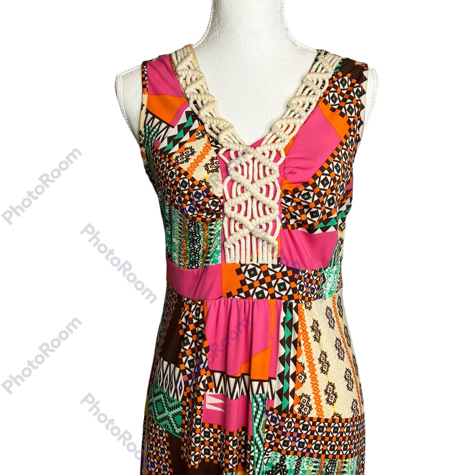 New Directions Dress Womens Multicolor SZ S Patchwork Maxi Macrame Bodice Hippie